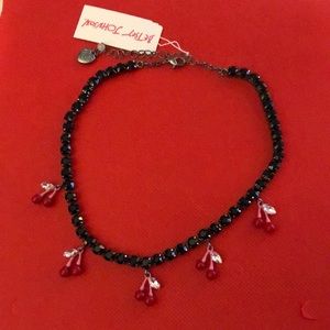 Betsey Johnson Hematite Tone Black Crystal Tennis Necklace Cherry Charms NWT
